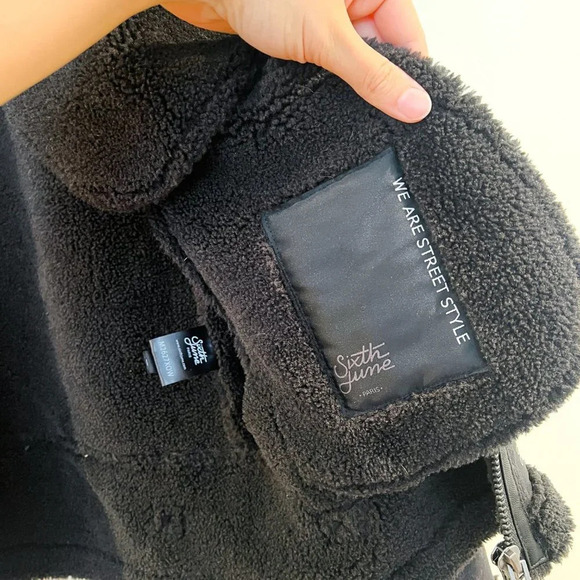 Sixth June Black Faux Shearling Bohemian Full Zip Heavy Moto Jacket M - Picture 13 of 14